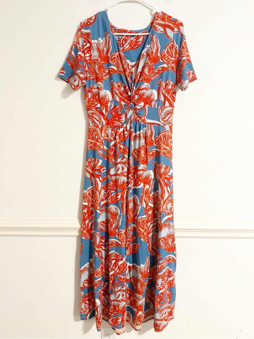 Soft Surroundings Floral Spritzer Twist Front Midi Dress Blue Orange Size S